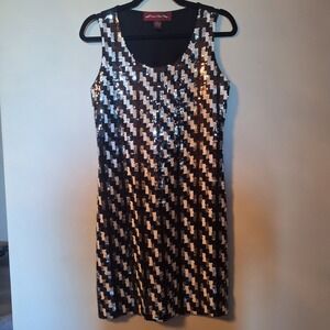 Sugar & Spice Black White Silver Sleeveless Sequin Shift Dress Size XL